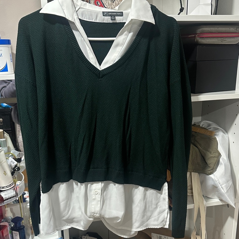 Adrianna Papell Green and White Button Down Shirt